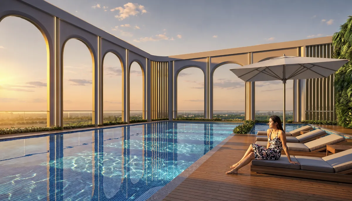 Artist's impression of the swimming pool at Godrej Brooklyn Avenue at dusk, with a stone deck, loungers and the towers behind.