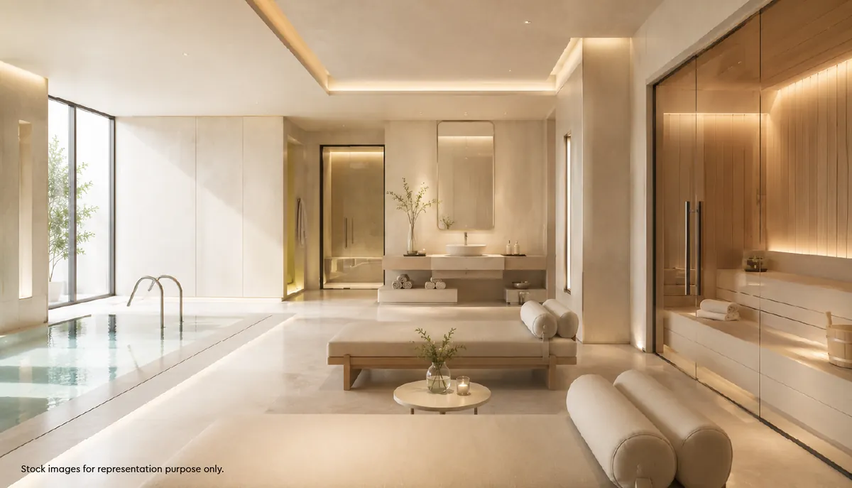 Artist's impression of the spa and sauna at Godrej Brooklyn Avenue, finished in warm timber and champagne stone.