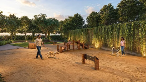 Artist's impression of the pet park at Godrej Brooklyn Avenue, a fenced lawn run within the landscape.