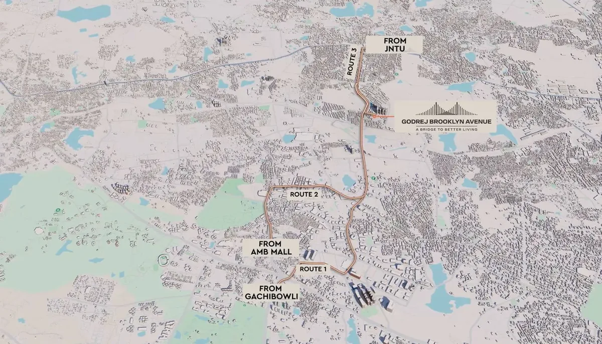 Aerial route diagram showing three approach roads to Godrej Brooklyn Avenue from Gachibowli, AMB Mall and JNTU.